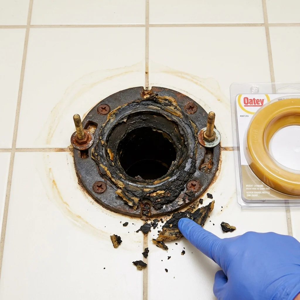 Failed wax ring showing water seepage at the base of a toilet in a Cabool, MO home