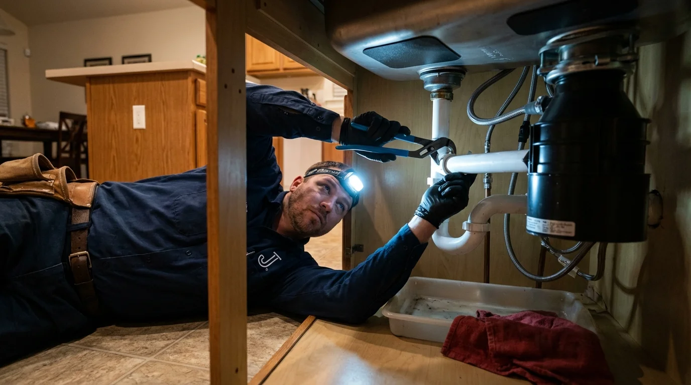 P-trap and supply line connections under a kitchen sink showing a common leak point in Cabool, MO
